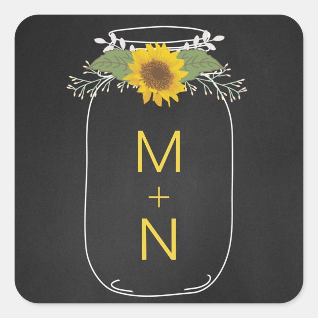 Mason Jar mit Sonnenblumen Monogramm-Gastgeschenk  Quadratischer Aufkleber (Vorderseite)