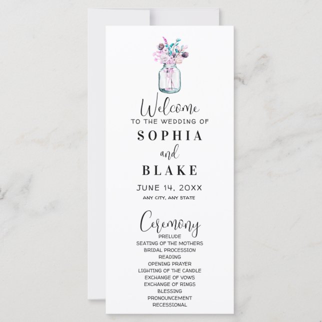 Mason Jar mit Wildblumen White Wedding Programm (Vorderseite)