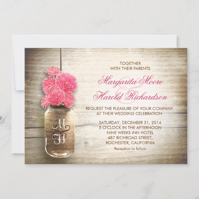 Mason Jar & niedlich rosa Blume Hochzeit einlädt Einladung (Vorderseite)