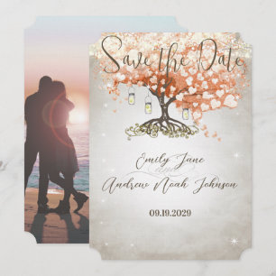Mason Jar Peachy Heart Leaf Tree Save the Date