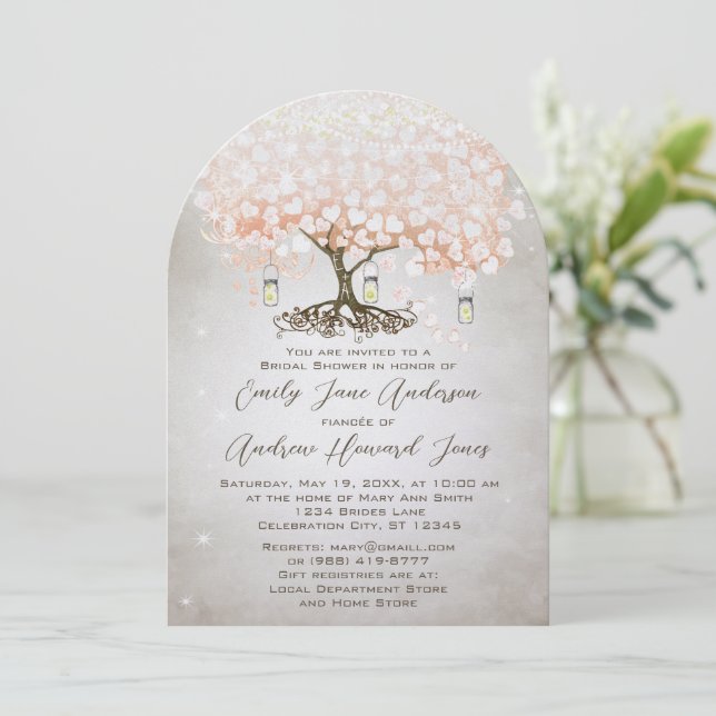 Mason Jar Peachy Pink Heart Leaf Tree Wedding Einladung (Stehend Vorderseite)