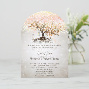 Mason Jar Peachy Pink Heart Leaf Tree Wedding Einladung