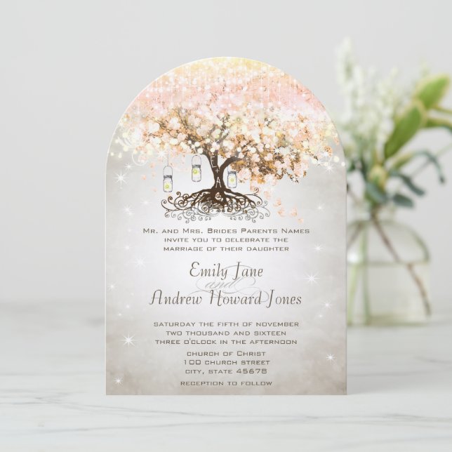 Mason Jar Peachy Pink Heart Leaf Tree Wedding Einladung (Stehend Vorderseite)