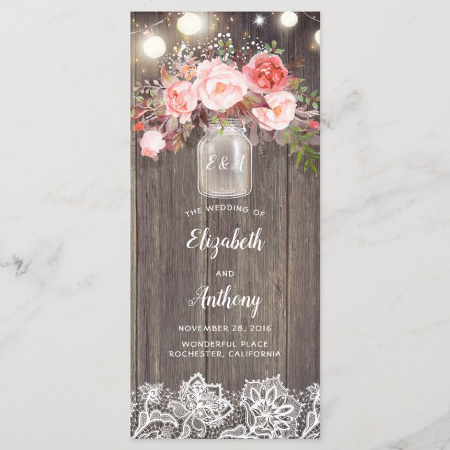 Mason Jar Pink Blume Rustikale Hochzeitsprogramme Programm (Vorderseite)