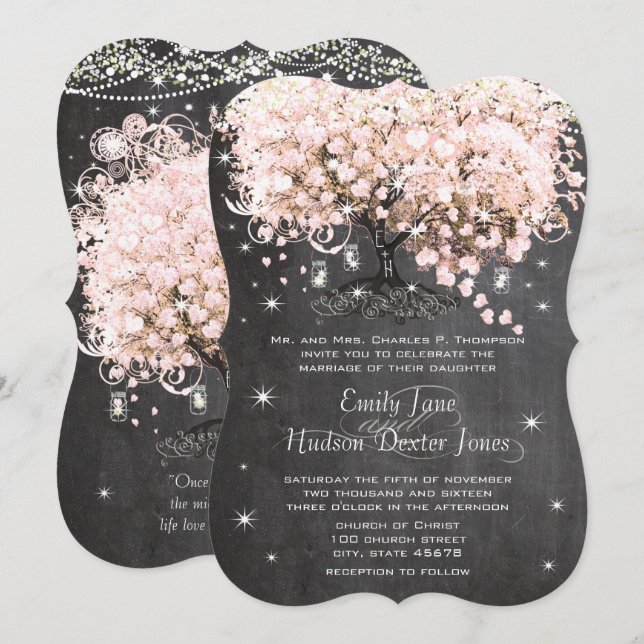 Mason Jar Pink Chalkboard Herz Leaf Tree Einladung (Vorne/Hinten)