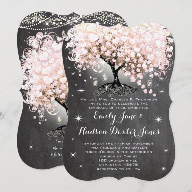 Mason Jar Pink Chalkboard Herz Leaf Tree Einladung (Vorne/Hinten)