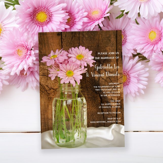 Mason Jar Pink Daisies Country Wedding Einladung (Von Creator hochgeladen)