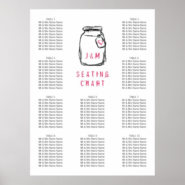 Mason Jar & Pink Heart Wedding Chart 10 Poster (Vorne)