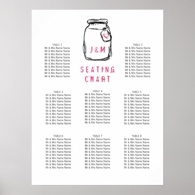 Mason Jar & Pink Heart Wedding Chart Poster (Vorne)