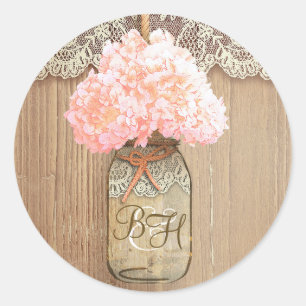Mason Jar Pink Hydrangea Rustikale Hochzeit Runder Aufkleber