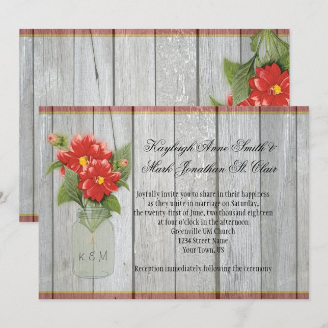 Mason Jar Red Dahlias Barn Wood Invitations (Devant / Derrière)