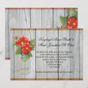 Mason Jar Red Dahlias Barn Wood Invitations