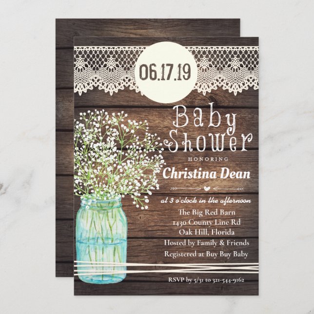 Mason Jar Rustic Baby shower en bois Invitation (Devant / Derrière)
