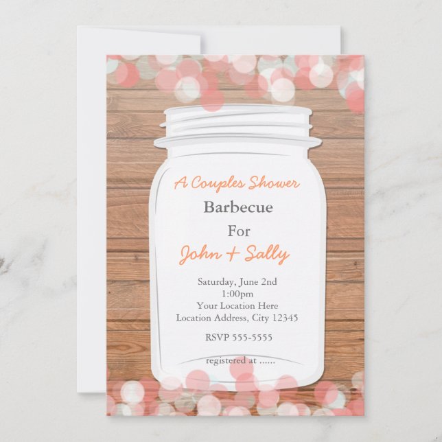 Mason Jar Rustic Bridal Saumon Lights Invitation (Devant)