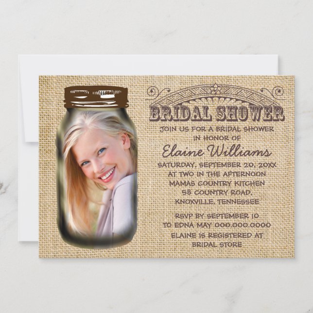 Mason Jar Rustic Burlap Bridal Dusche Einladung (Vorderseite)