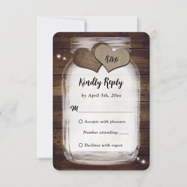 Mason Jar Rustic Country Burlap Heart Wedding RSVP (Vorderseite)