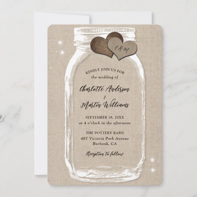 Mason Jar Rustic Country Burlap Wedding Einladung (Vorderseite)
