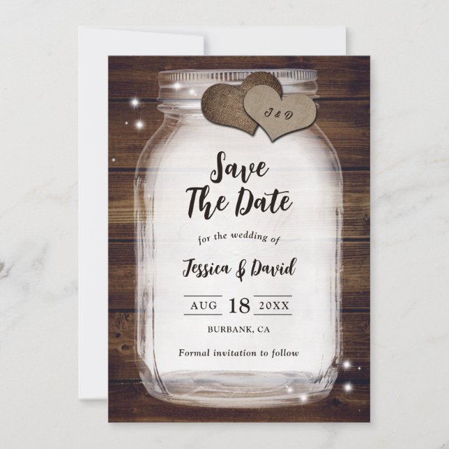 Mason Jar Rustic Country Heart Barn Wood Wedding Save The Date (Vorderseite)