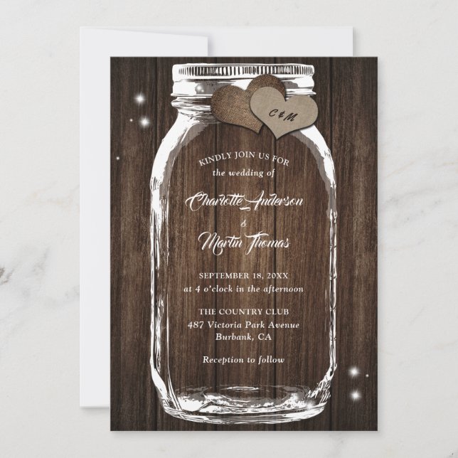 Mason Jar Rustic Country Wood Burlap Heart Wedding Einladung (Vorderseite)