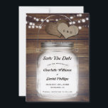 Mason Jar Rustic Country Wood Burlap Wedding Save The Date<br><div class="desc">Rustic country wedding save the date card featuring a mason jar,  string lights and burlap hearts on a rustic wood background.</div>