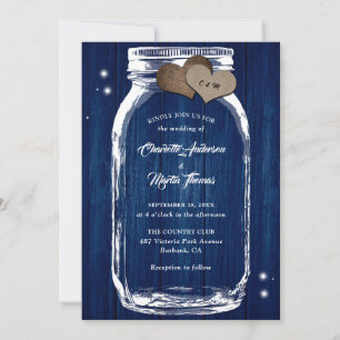 Mason Jar Rustic Country Wood Navy Blue Wedding Einladung