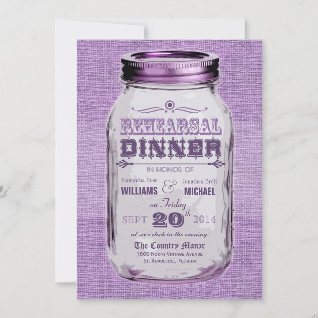 Mason Jar Rustic Look Probe Abendessen Lila Einladung (Vorderseite)