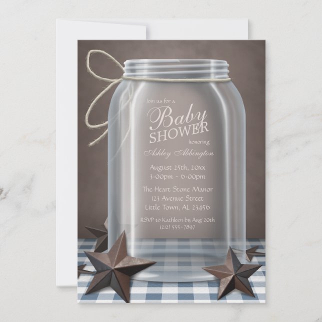 Mason Jar Rustic Stars Blue Gingham Baby Dusche Einladung (Vorderseite)