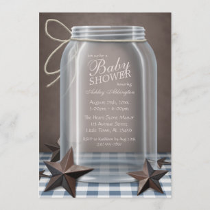 Mason Jar Rustic Stars Blue Gingham Baby Dusche Einladung