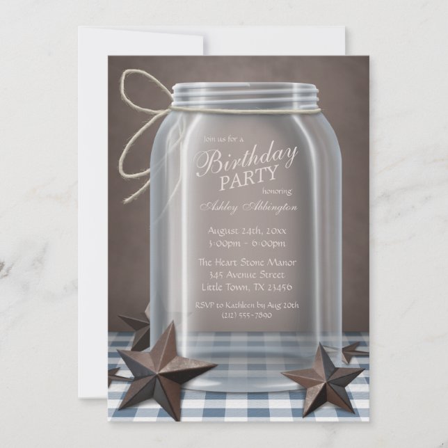 Mason Jar Rustic Stars Blue Gingham Birthday Party Einladung (Vorderseite)
