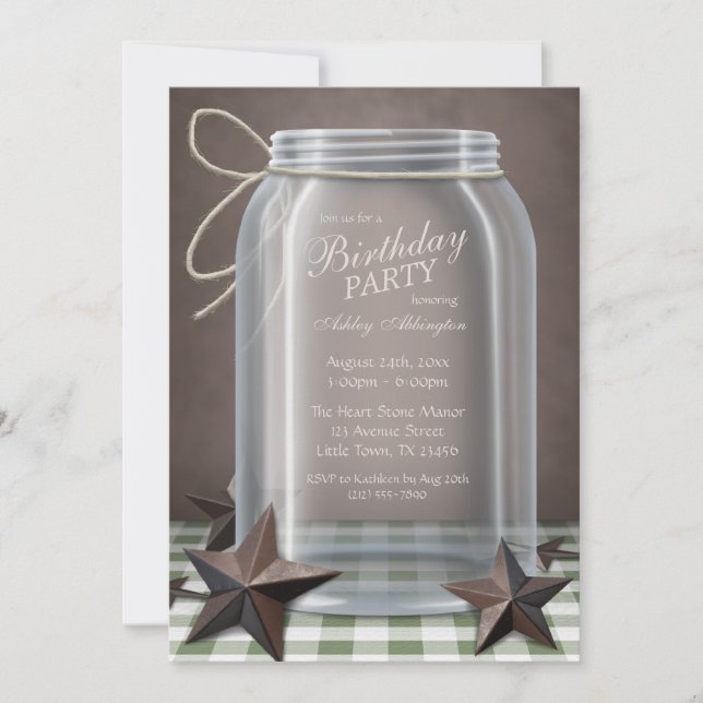 Mason Jar Rustic Stars Green Gingham Birthday Einladung (Vorderseite)