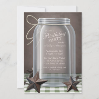 Mason Jar Rustic Stars Green Gingham Birthday Einladung