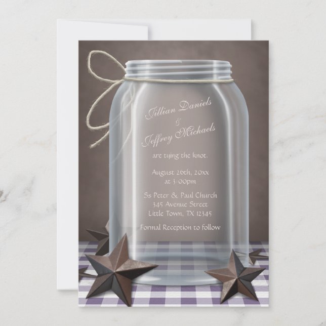 Mason Jar Rustic Stars Lila Gingham Wedding Einladung (Vorderseite)