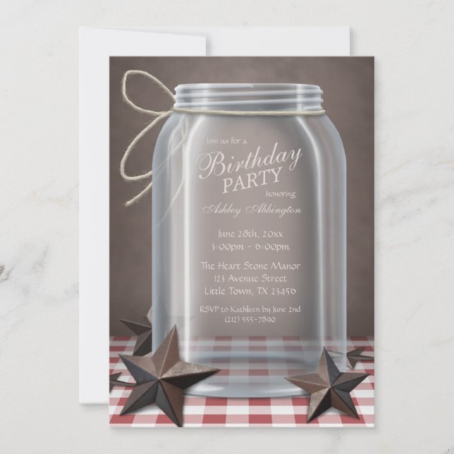 Mason Jar Rustic Stars Red Gingham Birthday Einladung (Vorderseite)