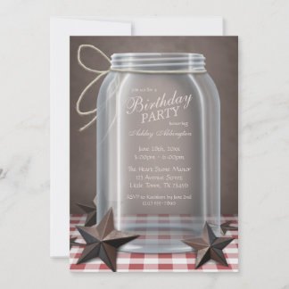 Mason Jar Rustic Stars Red Gingham Birthday Einladung