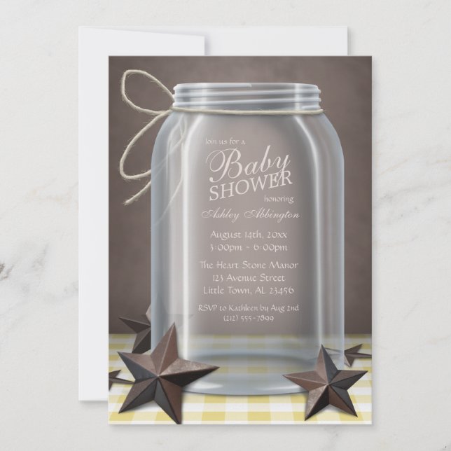 Mason Jar Rustic Stars Yellow Gingham Baby Dusche Einladung (Vorderseite)