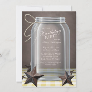 Mason Jar Rustic Stars Yellow Gingham Birthday Einladung