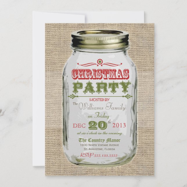 Mason Jar Rustic Vintage Weihnachtsfest Party Einladung (Vorderseite)