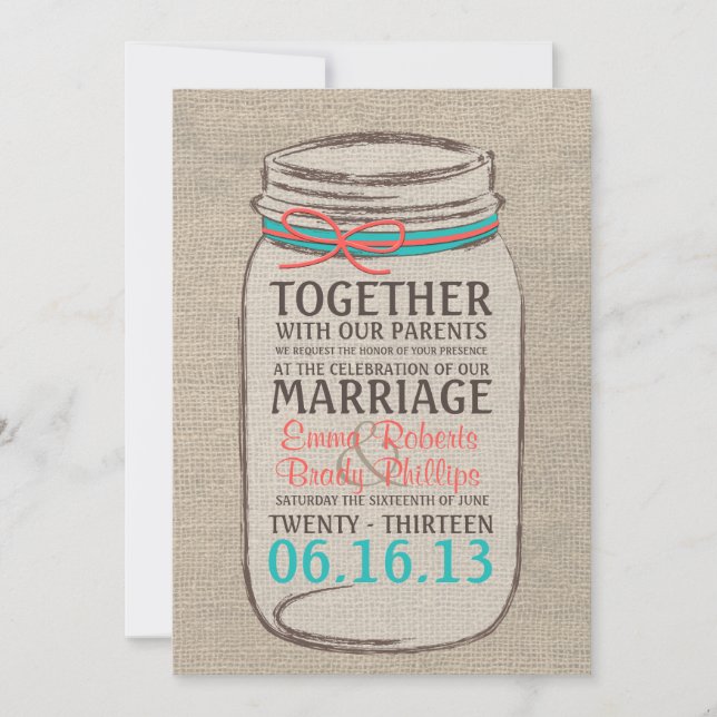 Mason Jar Rustic Wedding Einladung - Korallen Aqua (Vorderseite)