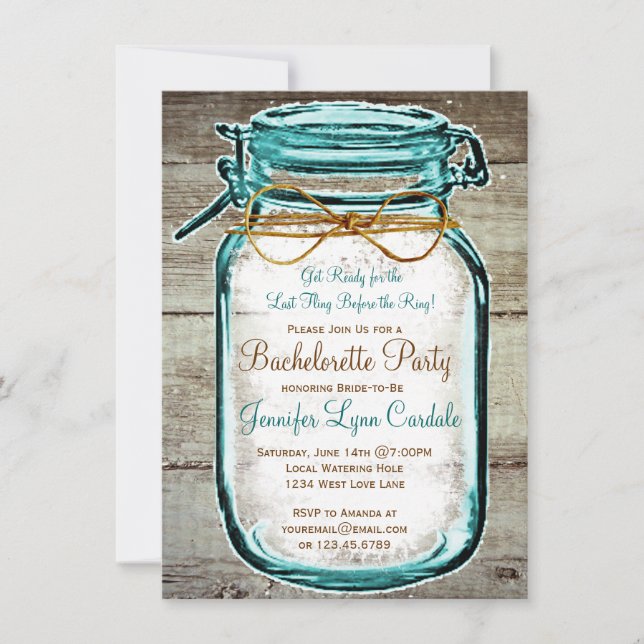 Mason Jar Rustic Wood Bachelorette Invitations (Devant)