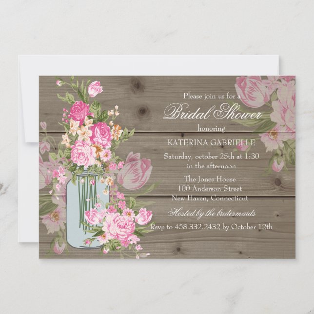 Mason Jar & Rustic Wood Brautparty Einladung (Vorderseite)
