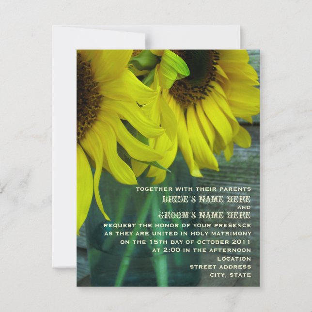 Mason Jar Sonnenblumen & Barnwood Hochzeit im Herb Einladung (Vorderseite)