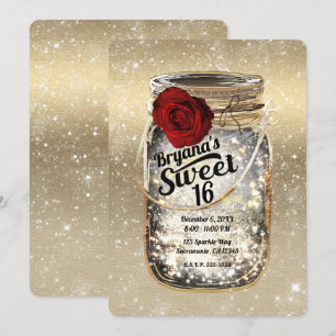 Mason Jar Sparkle Lights & Rote Rose Sweet 16 Einladung