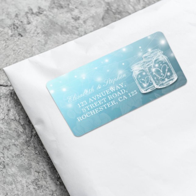 Mason Jar String Light Blue Floral Wedding Address Adressaufkleber (Von Creator hochgeladen)