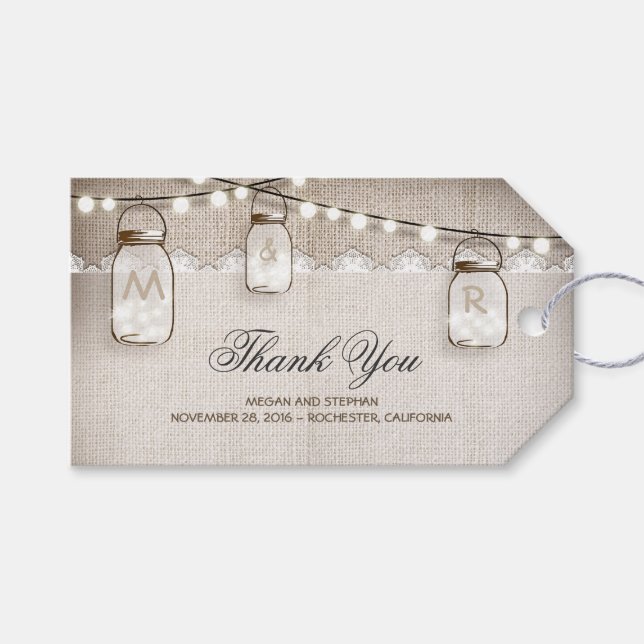 Mason Jar String Lights Burlap Wedding Geschenkanhänger (Vorderseite (Horizontal))