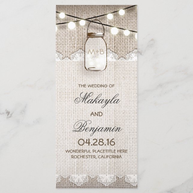 Mason Jar String Lights Burlap Wedding Programmes  (Devant)