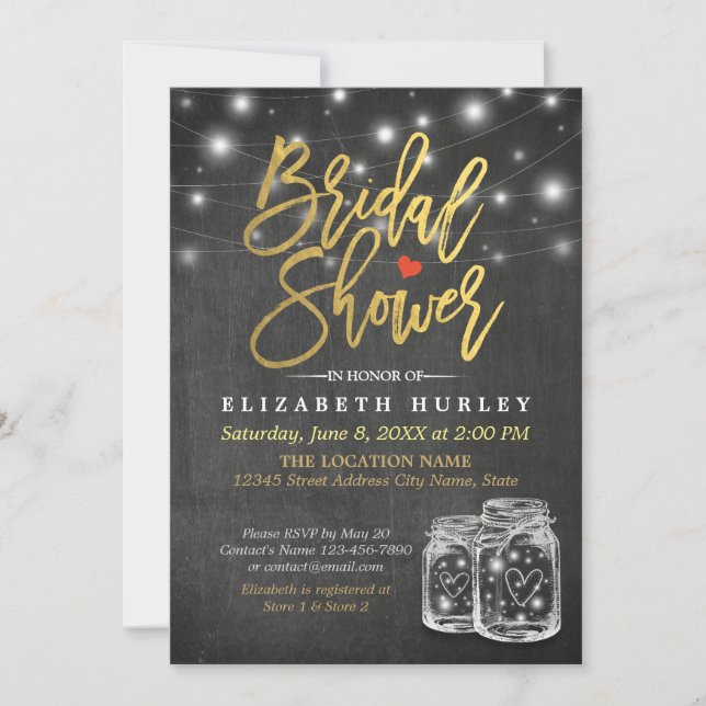 Mason Jar & String Lights Chalkboard Brautparty Einladung (Vorderseite)