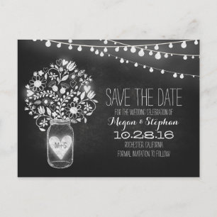 Mason Jar & String Lights Chalkboard Save the Date Ankündigungspostkarte