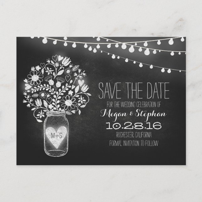 Mason Jar & String Lights Chalkboard Save the Date Ankündigungspostkarte (Vorderseite)