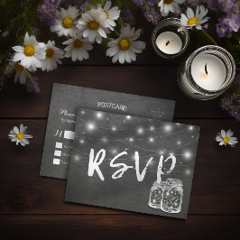 Mason Jar & String Lights Chalkboard Wedding RSVP Einladungspostkarte