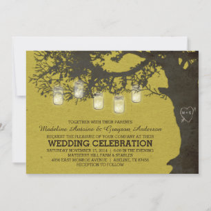 Mason Jar String Lights Chartreuse Tree Wedding Einladung
